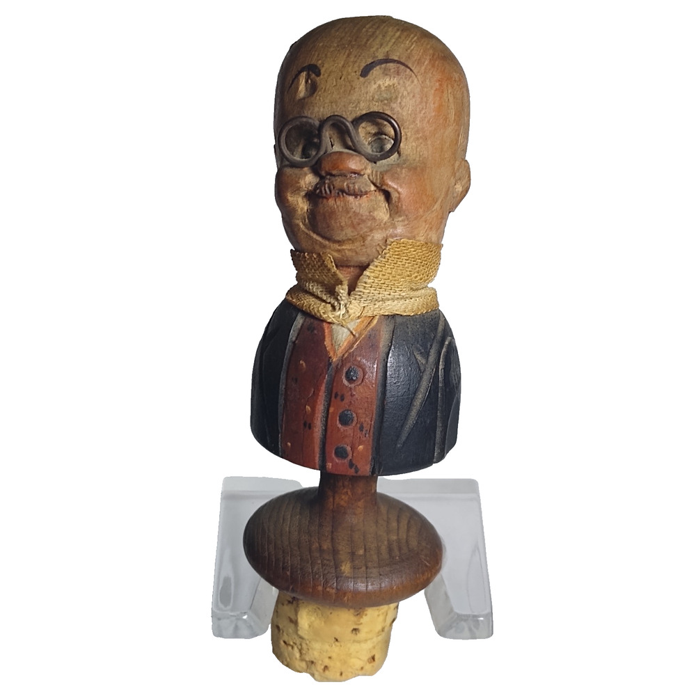 ANRI Vintage Wood Cork Bottle Stopper Figurine Carved Man Metal Glasses Folk Art